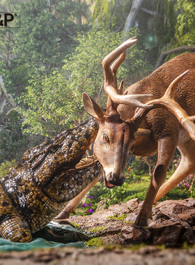 接单 K&P生死边界模型 仿真动物狩猎鳄鱼鹿场景桌面潮玩礼物摆件