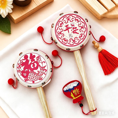 哄娃拨浪鼓可啃咬婴儿玩具启蒙礼传统老式手工羊皮鼓面6个月抓握