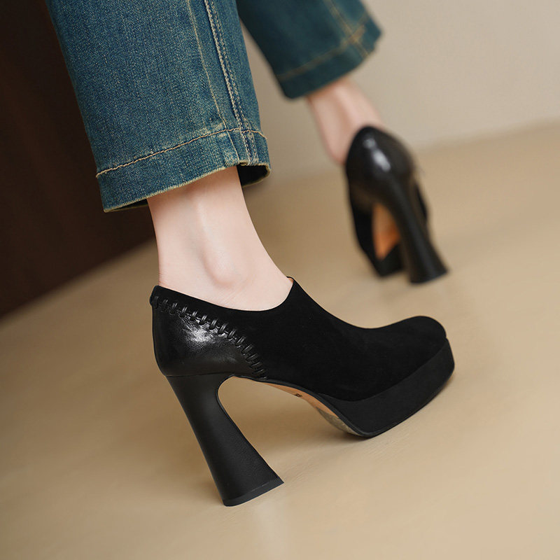 真皮圆头厚底深口粗跟单鞋女2026春秋季新款法式百搭防水台高跟鞋,女鞋,深口单鞋,淘宝优惠券,粉丝福利购,淘宝优惠卷