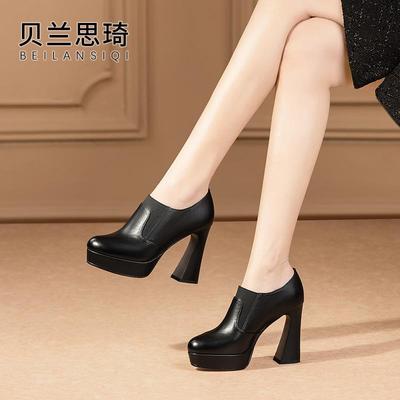 真皮圆头厚底深口粗跟单鞋女2025春秋季百搭新款防水台高跟鞋