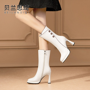 真皮圆头厚底防水台高跟中筒靴女2025秋冬新款厚底粗跟时装骑士靴