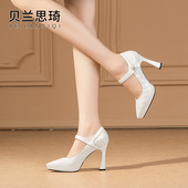 女33小码 2025春秋季 新款 真皮一字带防水台高跟鞋 浅口尖头细跟单鞋