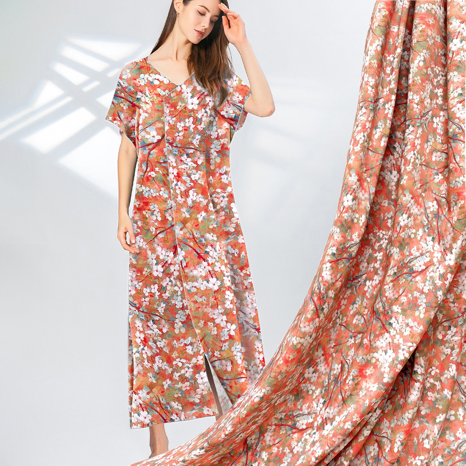 田园印花缎面棉绸布料裙子睡衣高档服装面料春夏薄款垂感真丝绸缎