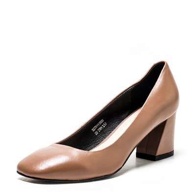 断码真皮单鞋女咖啡色羊皮鞋子方头粗跟素版高跟OL百搭SS73111303