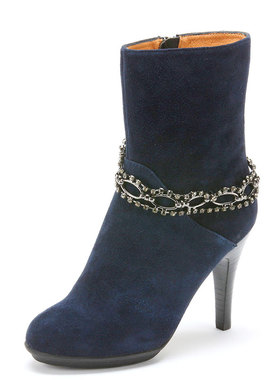 羊猄真皮短靴子女冬深蓝色羊皮圆头高跟金属脚链钻性感SS14S73603