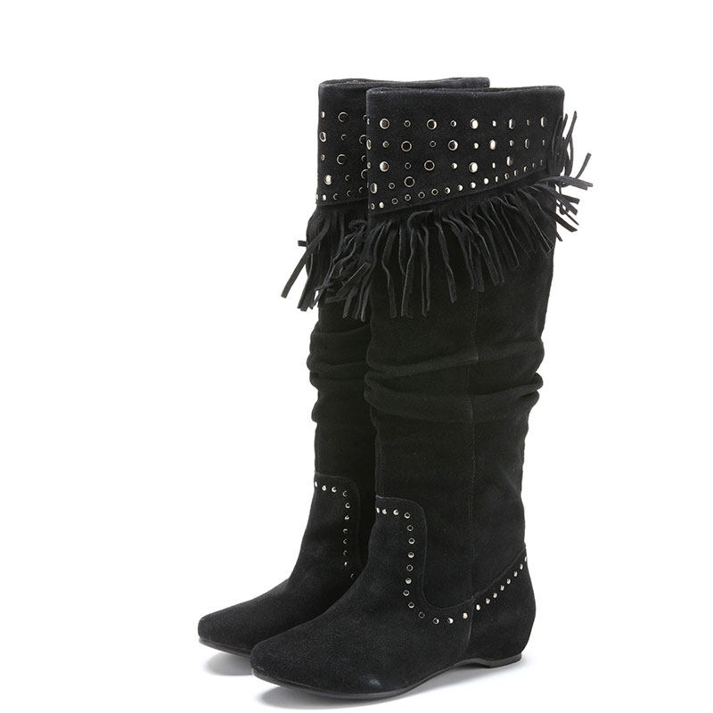 小码真皮长靴子女黑色磨砂牛皮流苏圆头内增高低跟套筒SSA4SK9561,女鞋,时装靴,淘宝优惠券,粉丝福利购,淘宝优惠卷