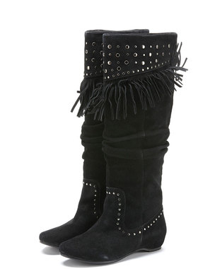 小码真皮长靴子女黑色磨砂牛皮流苏圆头内增高低跟套筒SSA4SK9561