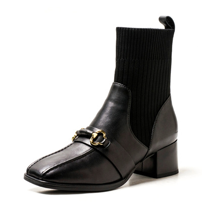 大码真皮短靴子女黑色牛皮拼接针织袜筒方头中粗跟复古SS24116082