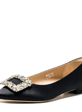 真丝布女鞋子尖头平跟金属方扣单鞋真皮内里名媛风百搭MD03111050