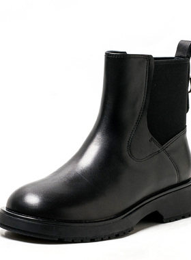 断码真皮短靴子女冬黑色牛皮切尔西靴圆头低跟百搭时尚MD44116016