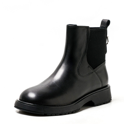 断码真皮短靴子女冬黑色牛皮切尔西靴圆头低跟百搭时尚MD44116016