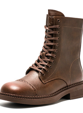 英伦复古布洛克皮革短靴子女冬棕色马丁靴方头低跟拉链MD44116D13