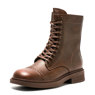 英伦复古布洛克皮革短靴子女冬棕色马丁靴方头低跟拉链MD44116D13