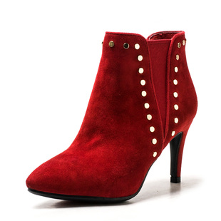 羊猄真皮切尔西短靴子女冬结婚红色羊皮尖头细高跟铆钉FB64112217