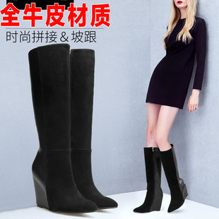 全真皮长靴子女冬黑色牛皮尖头内增高坡跟拉链欧美性感DF44116148