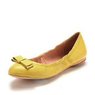 潮牌断码真皮单鞋女春秋黄色羊皮鞋子蝴蝶结尖头平底跟KL41110602