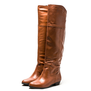 全真皮过膝长靴子女冬头层牛皮尖头低跟套筒素版沙漠靴RZ94SF9747