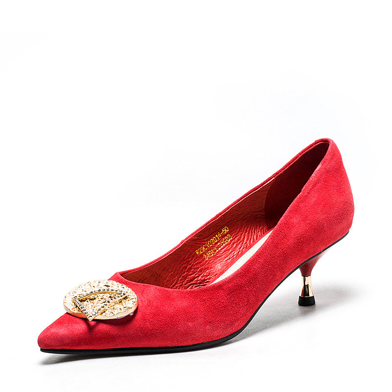 大码真皮女鞋子新娘结婚红色羊猄皮单鞋尖头中跟礼服钻R29C102014