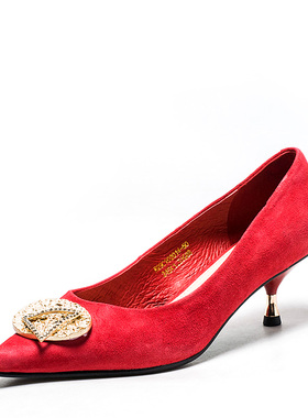 大码真皮女鞋子新娘结婚红色羊猄皮单鞋尖头中跟礼服钻R29C102014