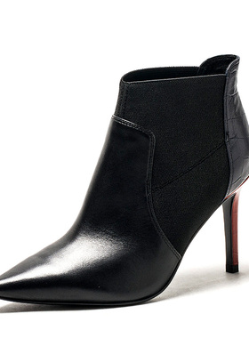 真皮短靴子女冬黑色尖头细高跟牛皮切尔西靴性感松紧带DF64117217