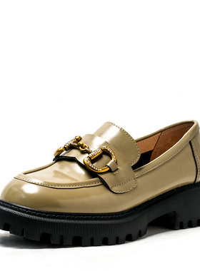 真皮乐福鞋子牛皮单鞋女春秋圆头厚底水台中粗跟一脚蹬MD21112D31