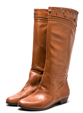 全真皮长靴子女尖头低跟套筒头层牛皮金属铆钉水钻车线RZ94SF9706