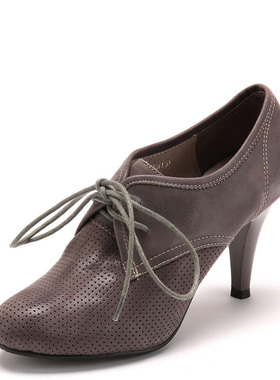 真皮及踝短靴子单鞋女秋深口灰色牛皮高跟绑带圆头性感KL13S24217