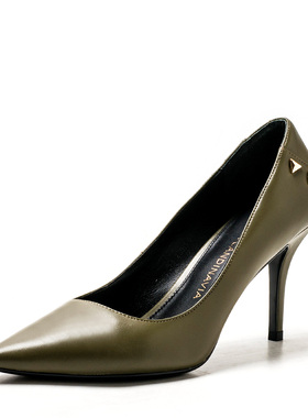 断码真皮单鞋女春秋绿色羊皮尖头细高跟鞋子浅口OL通勤DF03111208