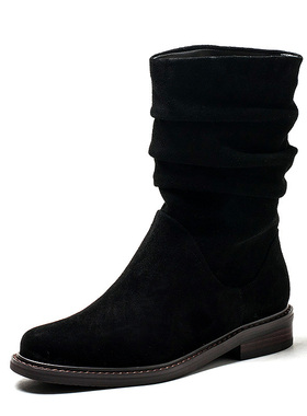 羊猄真皮短靴子女冬羊皮褶皱复古圆头中筒靴底粗跟套筒MFF4116004