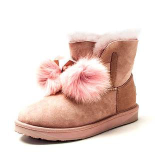 羊毛加厚雪地棉靴真皮短靴子女冬粉色毛毛球圆头平底跟SF9411A075