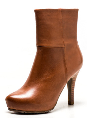 小码真皮短靴子女冬棕色牛皮尖头超高跟素版侧拉链水台SS24S7DFA1