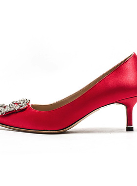 真皮大底结婚红色缎面单鞋女礼服鞋子细跟金属方扣水钻MFF3111001