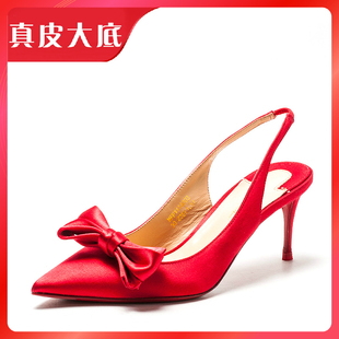 子女底丝绸礼服尖头蝴蝶结后空细跟MFF1114003 结婚真皮大包头凉鞋