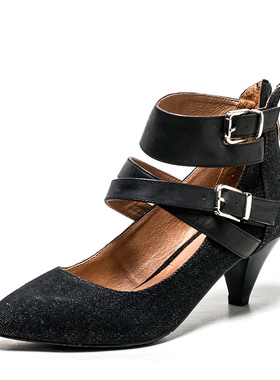 真皮内里单鞋女秋尖头中跟黑色牛仔布玛丽珍鞋子后拉链SSA3SL7405