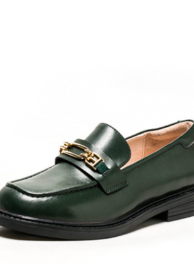 真皮乐福鞋子春秋绿色牛皮单鞋女圆头低跟百搭舒适粗跟SF13112331