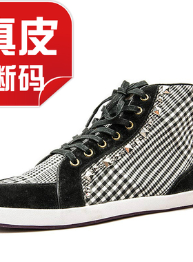 瑕疵真皮高帮板鞋铆钉系带英伦格子布短靴平跟圆头休闲SF13S71701