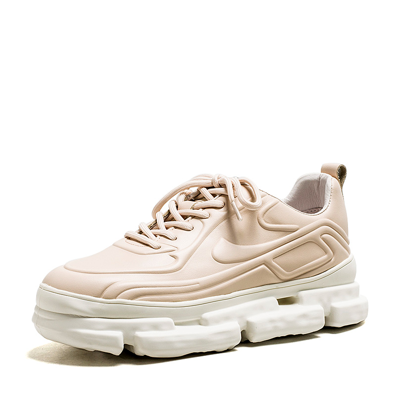 真皮休闲鞋子女春秋厚底水台老爹鞋粉色牛皮深口绑带软MD24112037