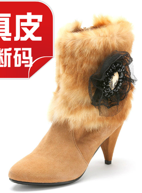 小码真皮短靴子狐狸毛毛皮草尖头高跟拉链绒面羊皮黄色SS14S72711