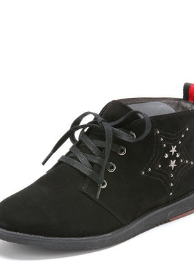 真皮短靴子女冬黑色磨砂牛皮圆头平跟绑带铆钉五角星帅SF13S75503