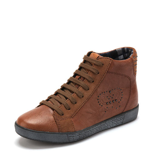 真皮休闲板鞋短靴子女冬棕色羊皮金属铆钉绑带深口及踝SD24SC9369