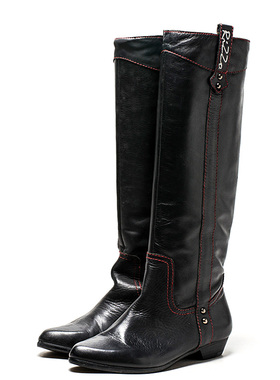 全真皮长靴子女冬黑色头层牛皮马靴尖头低跟套筒沙漠靴RZ94SF9704