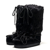 加厚棉靴人造毛毛黑色真皮雪地子女萝莉冬平跟绑带中筒SF24SQ0010
