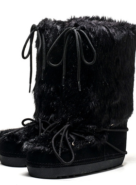 加厚棉靴人造毛毛黑色真皮雪地子女萝莉冬平跟绑带中筒SF24SQ0010