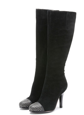 性感全真皮长靴子女冬磨砂牛皮圆头铆钉高跟拉链朋克风SSA4SJ4421