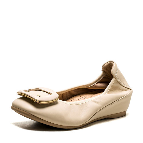 真皮单鞋女春秋米白色羊皮鞋子方头扣坡跟舒适中跟百搭SSC111130H