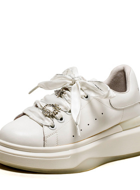 真皮厚底板鞋休闲鞋子女白色牛皮圆头水台坡跟松糕中跟SF23112032