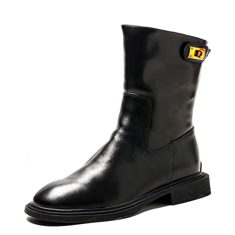 加绒棉靴真皮短靴子女冬黑色牛皮