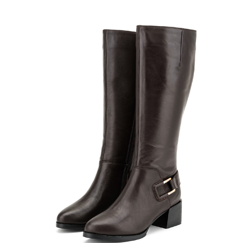 小码真皮短靴子女冬黑色牛皮搭扣尖头粗跟拉链百搭中跟FB54114919