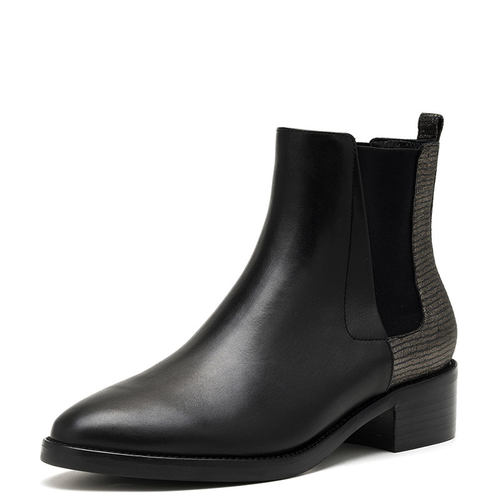 小码真皮切尔西短靴子女冬黑色牛皮尖头粗跟松紧带套脚DF64117252