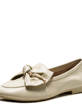 小码真皮乐福鞋子米白色牛皮单鞋女春秋圆头蝴蝶结平跟MD21112D50